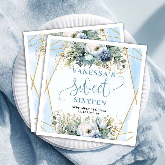 Serviette En Papier Stylish Sweet Sixteen Blue and Gold Floral Napkins