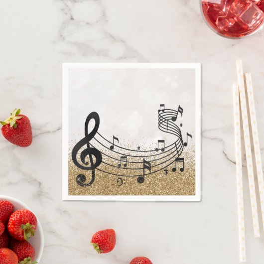 Serviette En Papier Stylish Treble Clef note musicale Black GoldGlitte (En situation)