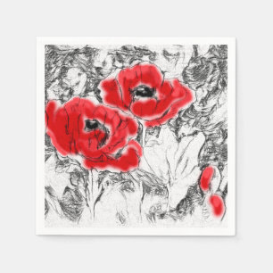 Serviette En Papier Stylo dessiné à la main des pavots rouges fleurs f