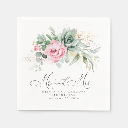 Serviette En Papier Succulents Verdure or et Fleurs roses Mariage (Devant)