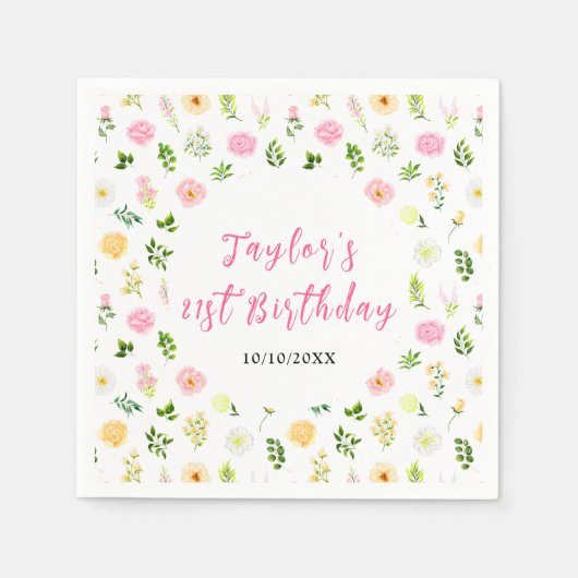 Serviette En Papier Summer Pink and Yellow Floral Birthday (Devant)
