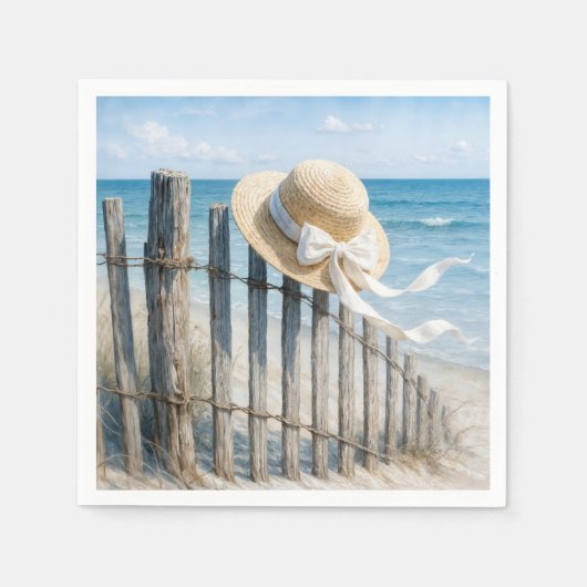 Serviette En Papier Summer Straw Hat On Beach Fence (Devant)