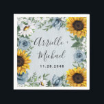 Serviette En Papier Sunflower Dusty Blue Country Rustic Roses Wedding<br><div class="desc">Design features a dusty blue/gray wood grain background with a cruath made of sunflowers,  daisies,  roses in dusty blue shades,  baby's breath over various types of botanical color greenery elements.</div>