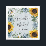 Serviette En Papier Sunflower Dusty Blue Country Rustic Roses Wedding<br><div class="desc">Design features a dusty blue/gray wood grain background with a cruath made of sunflowers,  daisies,  roses in dusty blue shades,  baby's breath over various types of botanical color greenery elements.</div>