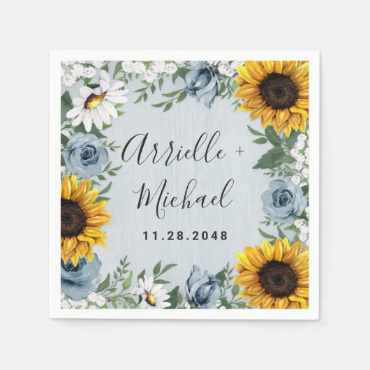 Serviette En Papier Sunflower Dusty Blue Country Rustic Roses Wedding (Devant)