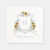Serviette En Papier Sunflowers Blue Hydrangea Crest Mariage Monogramme (Devant)