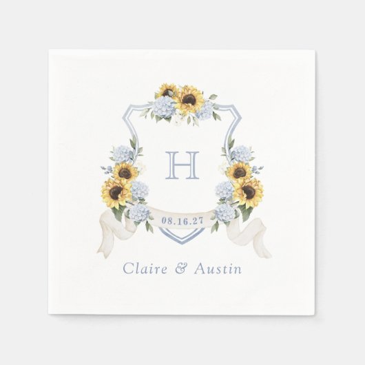 Serviette En Papier Sunflowers Blue Hydrangea Crest Mariage Monogramme (Devant)