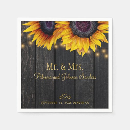 Serviette En Papier Sunflowers bois m. et mme mariage d'écriture or (Devant)