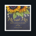 Serviette En Papier Sunflowers chalkboard mr et mrs script mariage<br><div class="desc">Script de typographie or rustique M. et Mme mariage serviettes en papier personnalisées avec un beau bouquet de tournesol et des cordes de lumières scintillantes sur sombre minuit arrière - plan de tableau noir bleu marine. Idéal pour votre nuit d'été ou automne | élégant pays rustique | jardin de plein...</div>