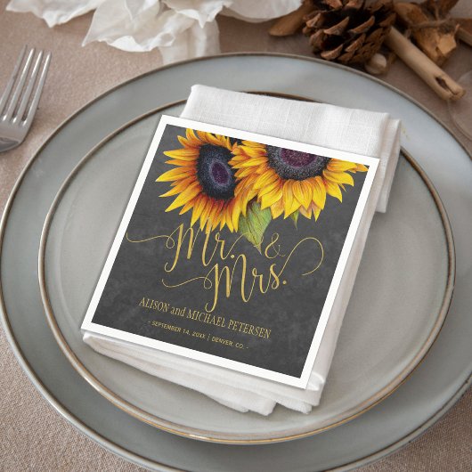 Serviette En Papier Sunflowers chalkboard mr et mrs script mariage