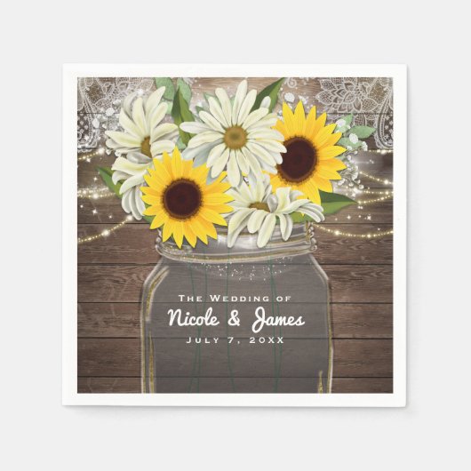 Serviette En Papier Sunflowers & Daisy Mason Jar Sparkle Rustic Chic (Devant)