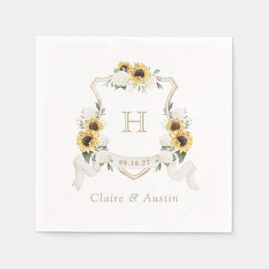 Serviette En Papier Sunflowers Hydrangea Crest Mariage Monogramme (Devant)