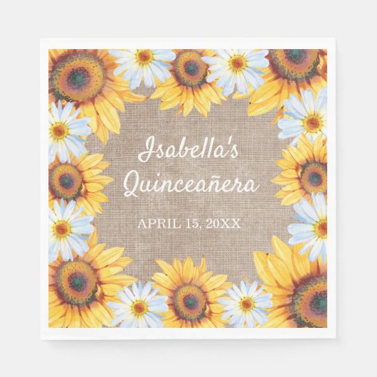 Serviette En Papier Sunflowers White Daisy Burlap Quinceañera Nom (Devant)