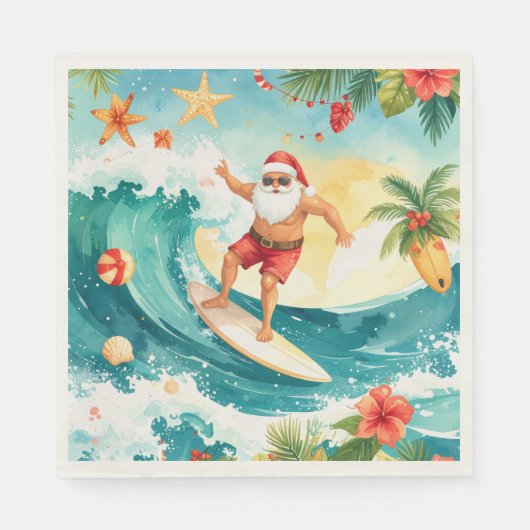 Serviette En Papier Surfing Christmas in Hawaii with Santa Claus (Devant)