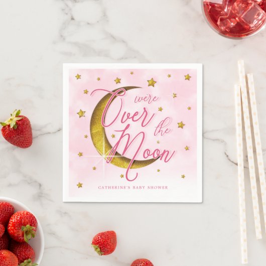 Serviette En Papier Surplombant la lune Baby shower en or rose (En situation)