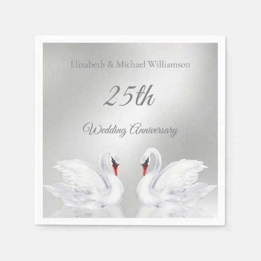 Serviette En Papier Swans Silver coutume 25e anniversaire Mariage (Devant)