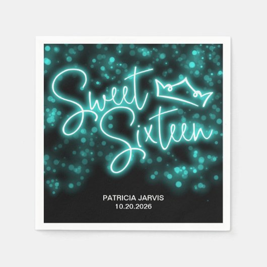 Serviette En Papier Sweet 16 Anniversaire Neon Turquoise Neon Glow Dar (Devant)