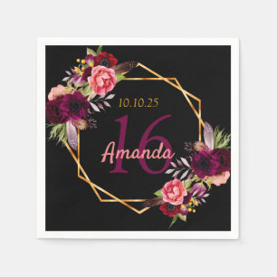 Serviette En Papier Sweet 16 anniversaire noir or bordeaux or noir flo