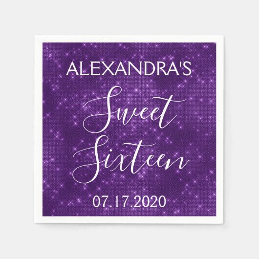 Serviette En Papier Sweet 16 Anniversaire Purple Sparkle et Shimmer (Devant)