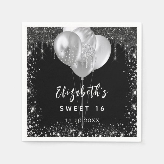 Serviette En Papier Sweet 16 argent noir parties scintillant nom ballo (Devant)