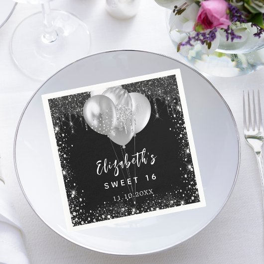 Serviette En Papier Sweet 16 argent noir parties scintillant nom ballo