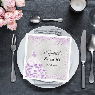 Serviette En Papier Sweet 16 argent violet parties scintillant nom rob