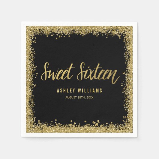 Serviette En Papier Sweet 16 Black Gold Parties scintillant Anniversai (Devant)