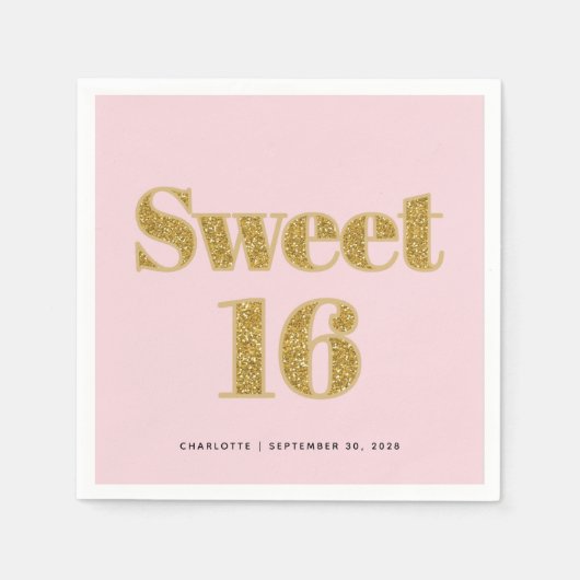 Serviette En Papier Sweet 16 Blush Pink Gold Parties scintillant Party (Devant)