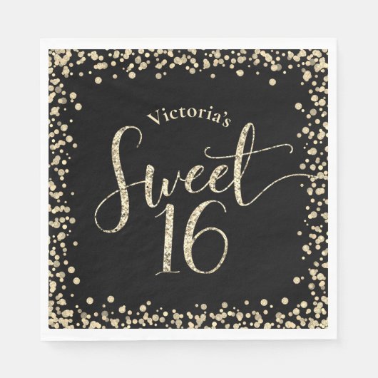 Serviette En Papier Sweet 16 Chic Black Gold Parties scintillant Confe (Devant)