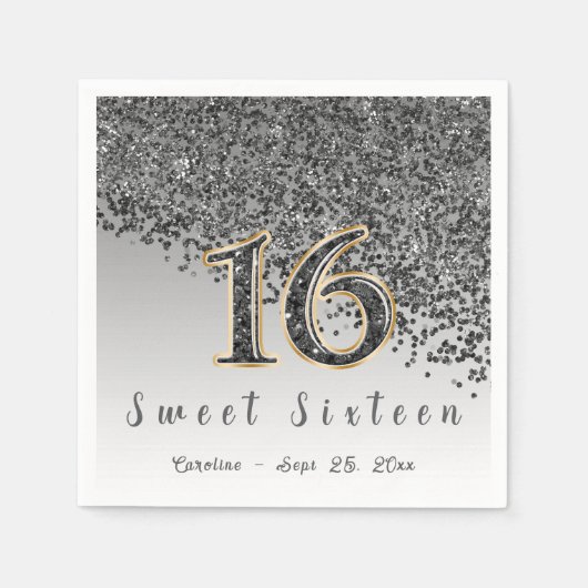 Serviette En Papier Sweet 16 Falling Black Parties scintillant & Monog (Devant)