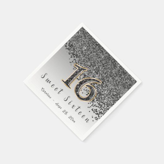 Serviette En Papier Sweet 16 Falling Black Parties scintillant & Monog (Coin)