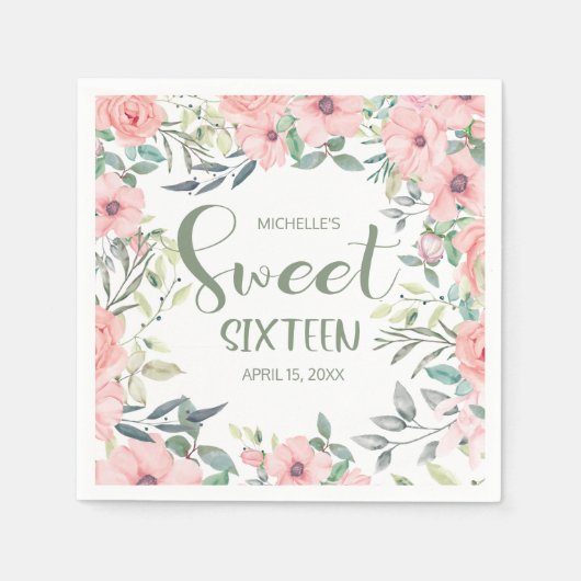 Serviette En Papier Sweet 16 Fleurs Roses Douces Feuilles Vert Sage (Devant)