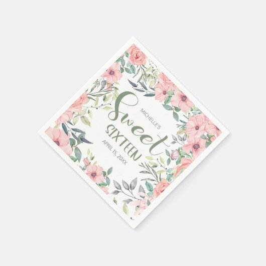 Serviette En Papier Sweet 16 Fleurs Roses Douces Feuilles Vert Sage (Coin)