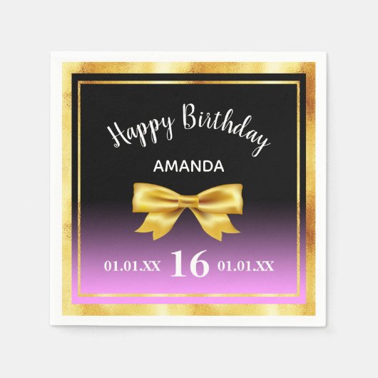 Serviette En Papier Sweet 16 nom noir violet rose gold bow (Devant)