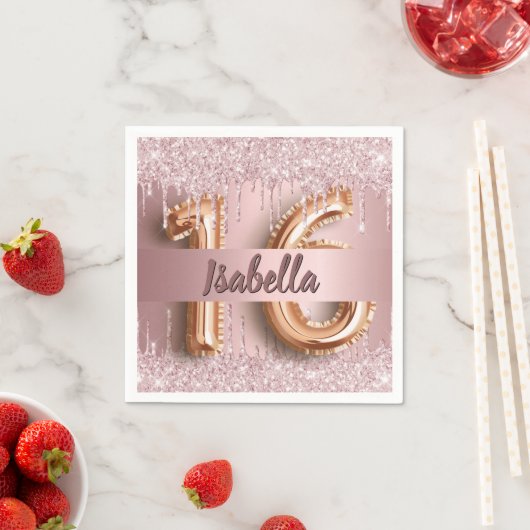 Serviette En Papier Sweet 16 parties scintillant rose pâle nom gouttes (En situation)