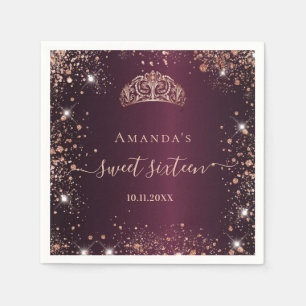 Serviette En Papier Sweet 16 rose bordeaux or tiara nom