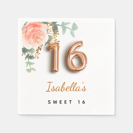 Serviette En Papier Sweet 16 rose fleuri or eucalyptus monogramme (Devant)