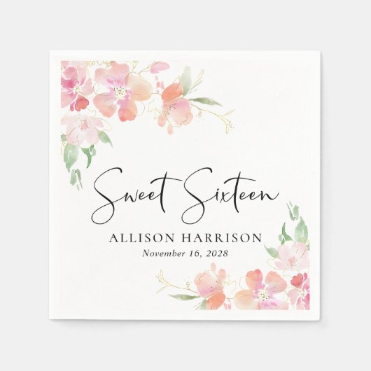 Serviette En Papier Sweet 16 Rose Floral fête d'anniversaire (Devant)