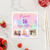 Serviette En Papier Sweet 16 rose holographique nom photo (En situation)