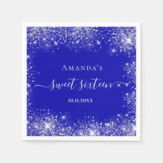 Serviette En Papier Sweet 16 royal bleu argent parties scintillant mon (Devant)