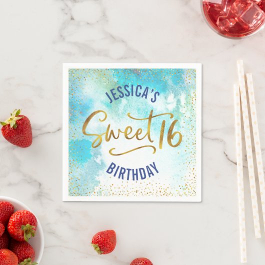 Serviette En Papier Sweet 16 Turquoise Aquarelle Or fille Anniversaire (En situation)