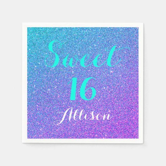 Serviette En Papier Sweet 16 Turquoise Purple Ombre Parties scintillan (Devant)