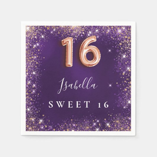 Serviette En Papier Sweet 16 violet rose or mousseux nom (Devant)