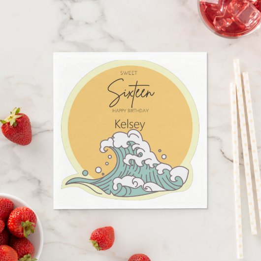 Serviette En Papier Sweet 16 Wave and Sun Monogram - Nom (En situation)