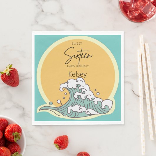 Serviette En Papier Sweet 16 Wave and Sun Monogram - Nom (En situation)
