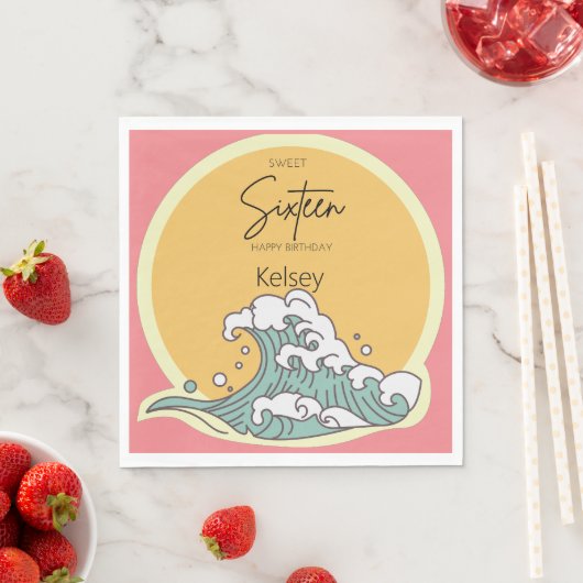 Serviette En Papier Sweet 16 Wave and Sun Monogram - Nom (En situation)