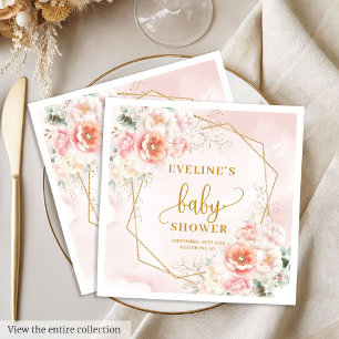 Serviette En Papier Sweet Baby Girl poudreuse rose or pivoines serviet