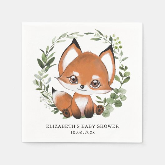 Serviette En Papier Sweet Fox Botanical Greenery Forêt Bébé Anniversai (Devant)