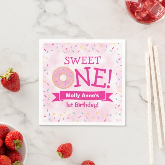Serviette En Papier Sweet ONE Donut 1er anniversaire fille rose (En situation)