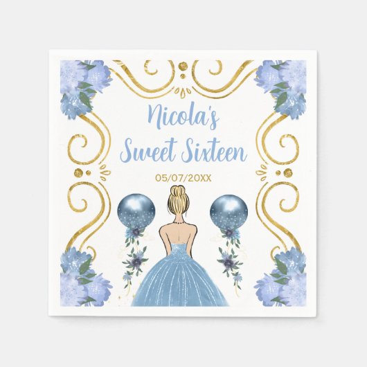 Serviette En Papier Sweet sixteen Blonde Princesse en Dusty Blue (Devant)